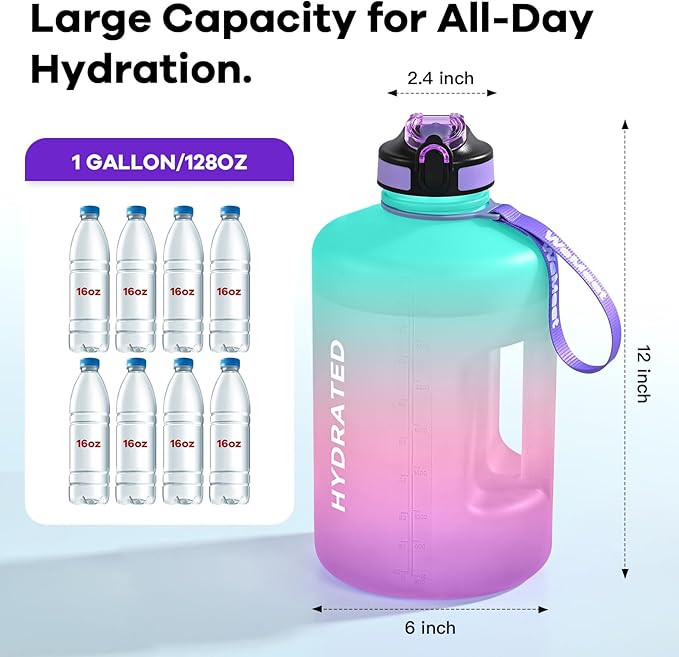 WEMEET Gallon Sport Water Jug with Time Marker and non-slip handle, Sports Motivational Water Bottle, Wide Mouth with Easy Clean Brush for Outdoor, Fitness, Gym