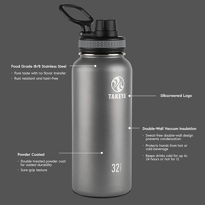 Takeya Originals 32 oz Vacuum Insulated Stainless Steel Water Bottle with Spout Lid, Navy (Pack of 4)