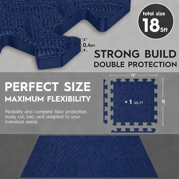 18pcs Puzzle Exercise Mat, 12.6"x12.6"x0.4", 18sqft EVA Interlocking Foam Floor Tiles, Protective, Water-Resistant Flooring for Home Gym & Workout Equipment