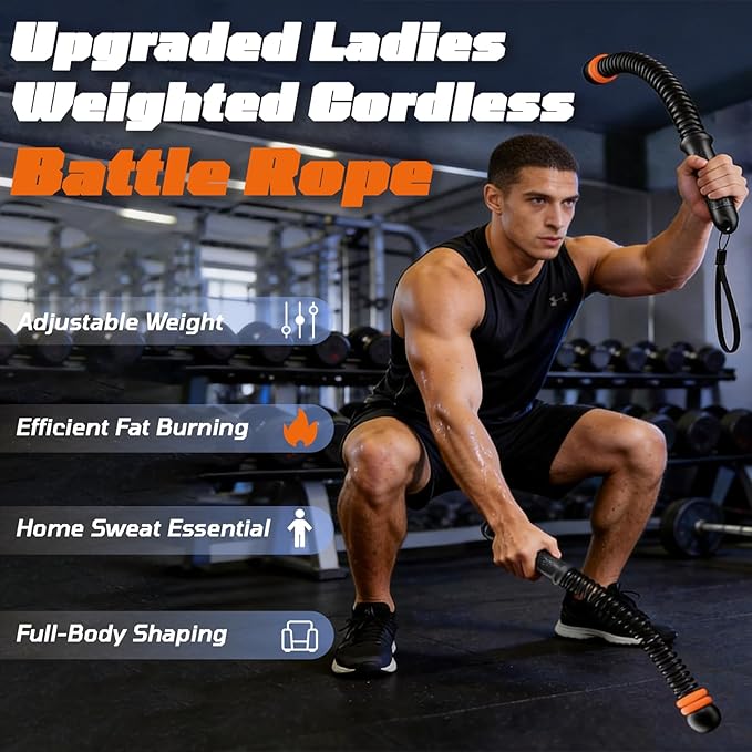 Portable Weighted Ropeless Battle Ropes, Adjustable Cordless Battle Rope Non-Slip Handle with Storage Bag for Home Gym, Fitness Equipment for Women Men HIIT Cardio Strength Training