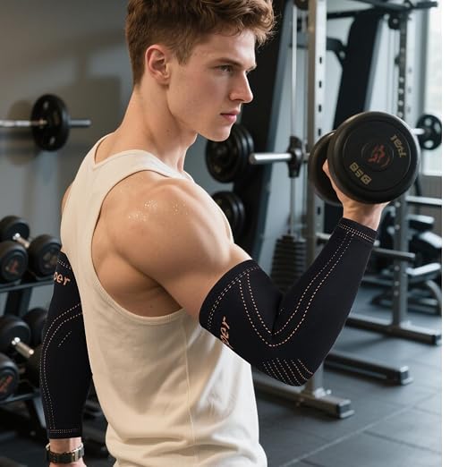 Arm compression Sleeve (1 Pair),Copper Elbow Compression Sleeve,Elbow Brace for Tennis Elbow Tendonitis,Full Arm Sleeve for Men & Women,Sports Support & Recovery