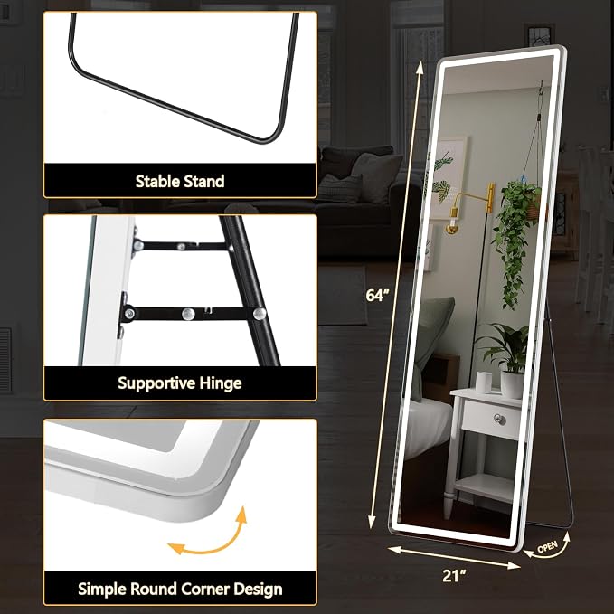 Sweetcrispy LED Full Length Floor Mirror, 65"x21" Lighted Full Body Mirror | Standing Mirror with Dimming & 3 Color Lighting, Shatterproof Tempered Glass, Wall Hanging or Leaning for Home Decor, White