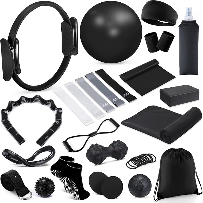 Halloscume 24 Pcs Pilates Kit, Home Pilate Equipment for Women, Pilates Ring and Ball Set with Stretching Strap, Water Bottle, Magic Circle, Yoga Ring, Gym Bag, Resistance Band, Anti Slip Sock
