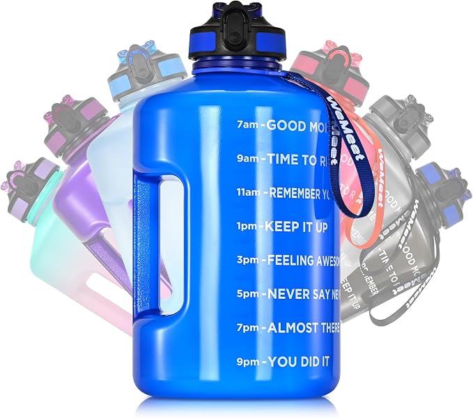 WEMEET 1 Gallon Water Bottle with Handle, 128oz LeakProof Reusable Gym Water Bottle with Capacity Scale, BPA Free, Ideal for Gym and Outdoor Life (Blue)