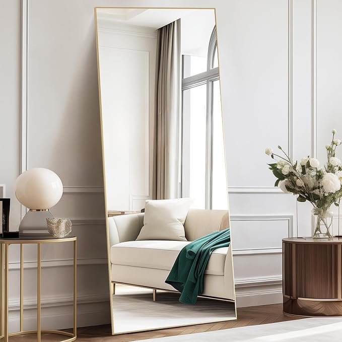 DUMOS 64"x21" Full Length Mirror, Full Body Mirror, Gold | Aluminum Alloy Thin Frame, Leaning or Hanging, Suitable for Bedroom, Livingroom, Cloakroom