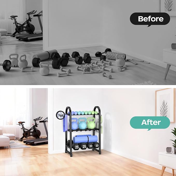 3 Tier Dumbbell Rack - Weight Rack for Home Gym: 360LB, Stand Only | Heavy Duty Adjustable Storage Rack with Hooks, Dumbbell Stand & Weight Holder, Organizer Shelf for Home Gym