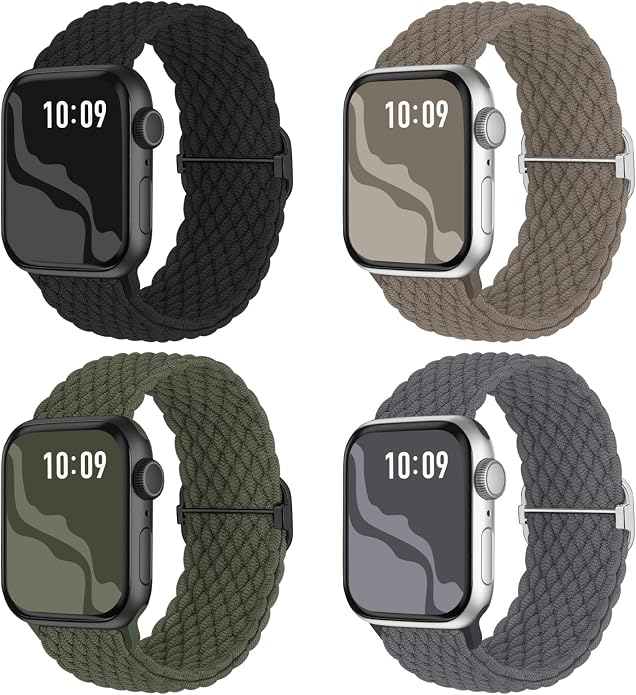 4 Pack Braided Stretchy Bands Compatible with Apple Watch 40mm 41mm 38mm 42mm 44mm 45mm 46mm 49mm Women Men, Breathable Nylon Elastic Daily Use Straps for iWatch Series 11/10 9 8 7 6 5 4 3 SE/Ultra 2