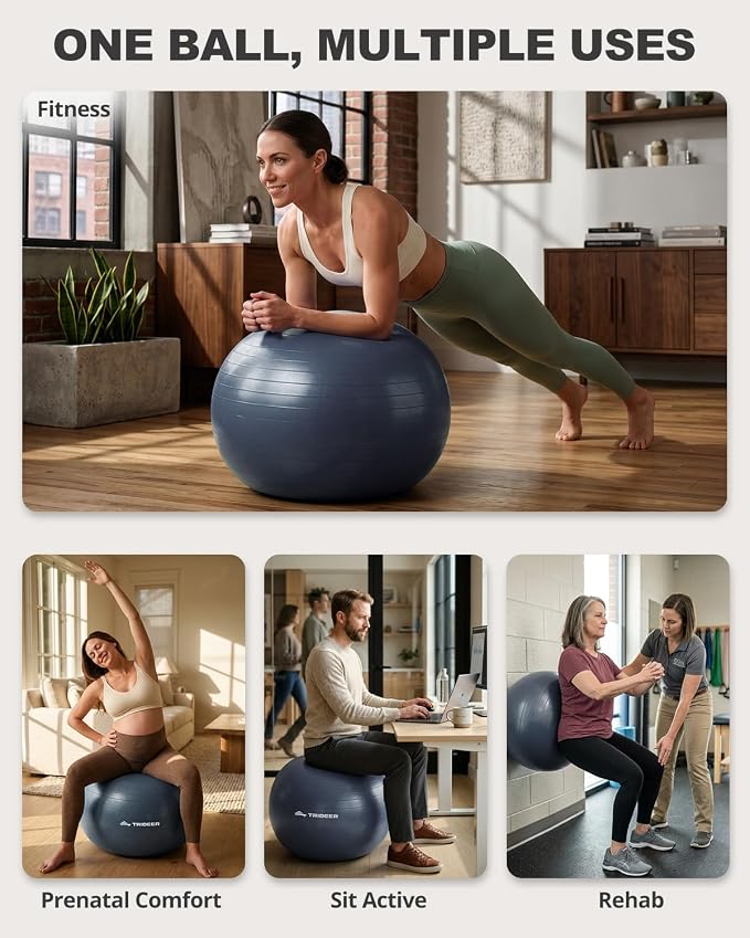 Trideer Yoga Ball for Exercise, Pilates, Core & Balance Training, Stability Ball for Pregnancy & Birthing Prep, Physical Therapy, Daily Stretching, Office Chair for Active Sitting, Quick Pump Included