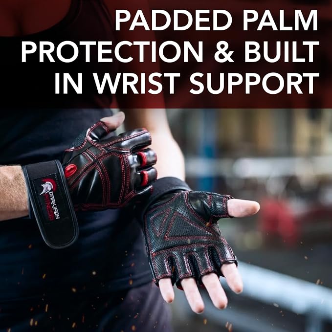 Dark Iron Fitness Genuine Leather Gym Gloves for Men Women, Wrist Wrap Support Workout Gloves for Weight Lifting Crossfit Deadlift Barbell Exercise Palm Padding Callus Protection Grips