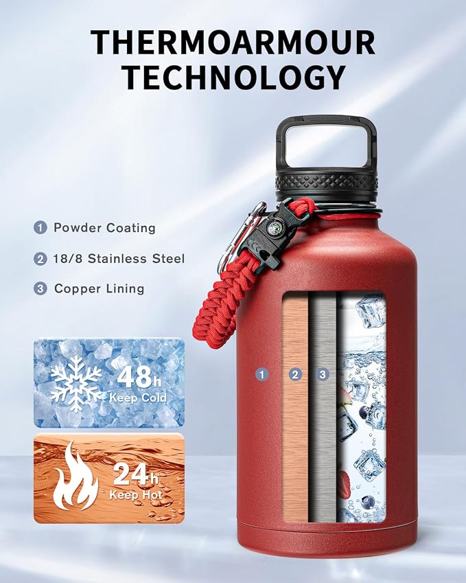 Trebo 64 oz Water Bottle Stainless Steel with 3 Lids, Paracord Handle & Bag | Half Gallon Large Insulated Jug, Triple Wall Vacuum Copper Plated, Dishwasher Safe, Cold 48Hrs for Outdoor, Hiking, Gym