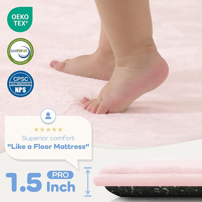 1.5" Thick Baby Play Mat for Floor, 39x59 Soft Foam Mats, Baby Pink | Memory Mat for Baby to Play, Waterproof Easy Care with Non-Slip Tummy Time Play Mat for Nursery Playroom Classroom