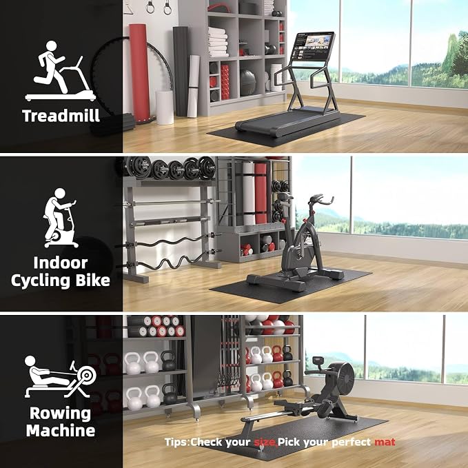GymCope Treadmill Mat for Hardwood Floor Carpet 7'x3'/6'x3'/6'x2.5'/4'x2' | 6mm Thick Exercise Equipment Gym Mat, Compatible with Peloton Bike, Indoor Spin Bike, Elliptical