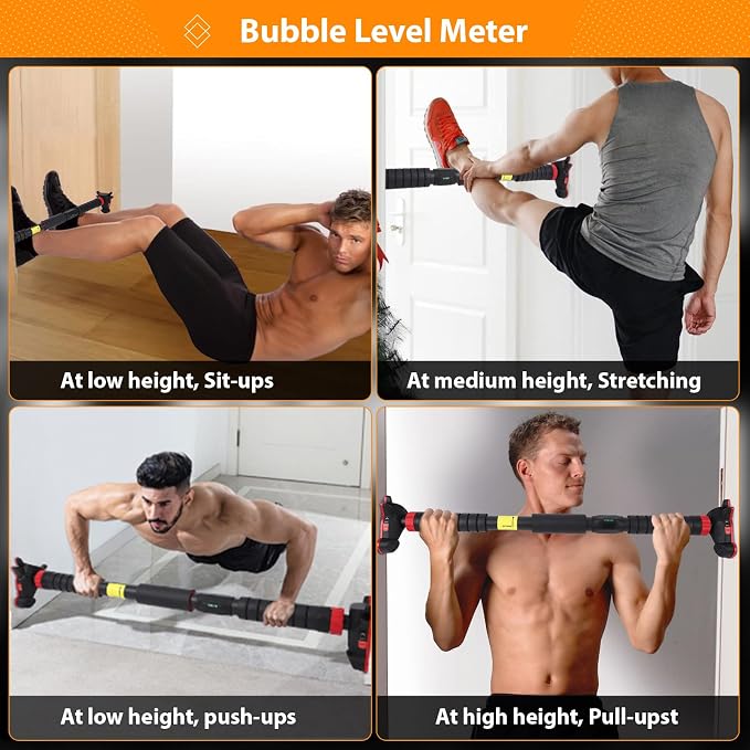 Adjustable Pull Up Bar for Doorway - 440LBS Weight Capacity, No Screws Installation with Level Meter and Auto Lock, Chin Up Bar for Home Gym Strength Training,Red Triple
