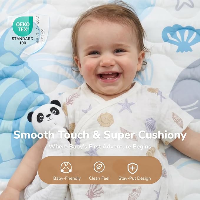 Momcozy Baby Play Mat for Floor, 50"x50" Thickened Playpen Mat | Playmate for Baby Tummy Time, Waterproof & Non-Slip, Foldable Outdoor Mat with Carrying Handle, Ocean Parade
