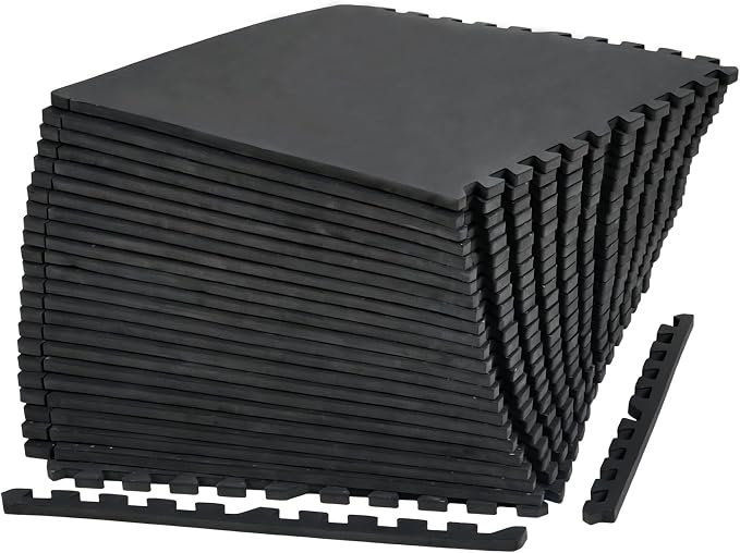 0.56" Thick 96 Sq ft Exercise Equipment Mats,24 Tiles Rubber Interlocking Puzzle Gym Flooring with High Density EVA Foam for Home Gym, Heavy Weight Workout, 24 x 24in Black