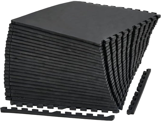 0.56" Thick 96 Sq ft Exercise Equipment Mats,24 Tiles Rubber Interlocking Puzzle Gym Flooring with High Density EVA Foam for Home Gym, Heavy Weight Workout, 24 x 24in Black