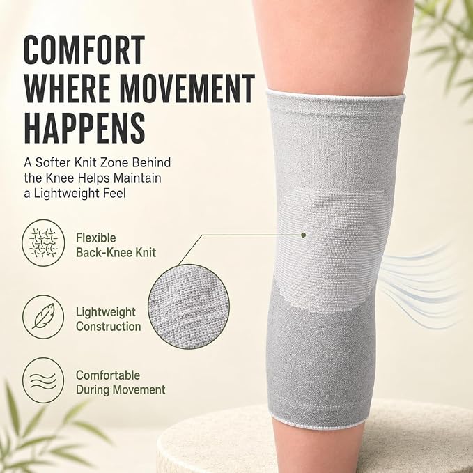 Bamboo Compression Knee Sleeves for Men and Women—Bamboo charcoal blend material provides soothing warmth and joint stability; offers moderate compression, suitable for daily activities