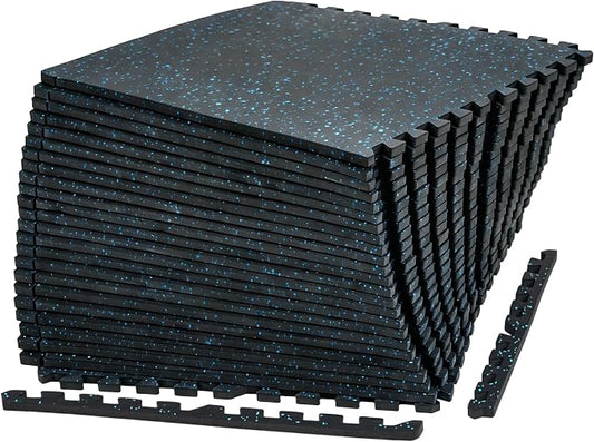 0.56" Thick 96 Sq ft Exercise Equipment Mats,24 Tiles Rubber Interlocking Puzzle Gym Flooring with High Density EVA Foam for Home Gym, Heavy Weight Workout, 24 x 24in Black/Blue