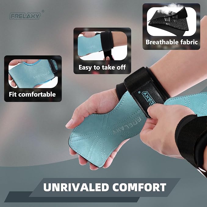 Frelaxy Lifting Wrist Straps for Women and Men, Weight Lifting Grips | Double-layer leather, Cushioned wrist support, Durable construction, Storage pouch, Deadlifts, rows, lat pulldowns