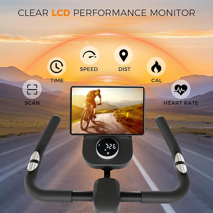 Exercise Bike, Brake Pad/Magnetic Stationary Bike with App, Low Noise Indoor Cycling Bike with 330lbs Weight Capacity, Adjustable Seat, Tablet Holder, Water Bottle Holder for Home Fitness and Weight Loss