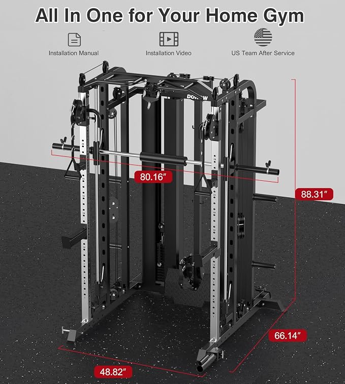 DONOW Smith Machine with Weight Stacks Home Gym System Cable Crossover | Multi Function, All in One, Heavy Duty, Lat Pulldown Bench, Hip Thrust Attachment, Smooth Smith Bar and Cable System