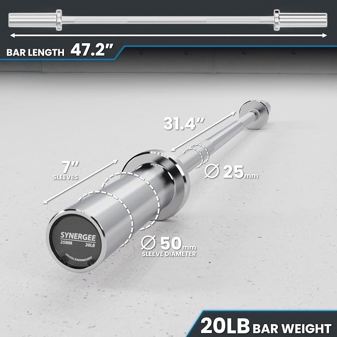 Synergee Olympic Barbell – 20/25 lb, 2" Bar, 350 lb Cap, Magnetic Collars