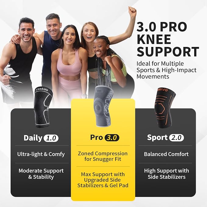 CAMBIVO Knee Brace for Men & Women, 2-Pack Compression Sleeve with Gel Pad | Patella Gel Pad with Side Stabilizers for Knee Pain Relief. Ideal for Running, Weightlifting & Arthritis, Workout, Daily Use