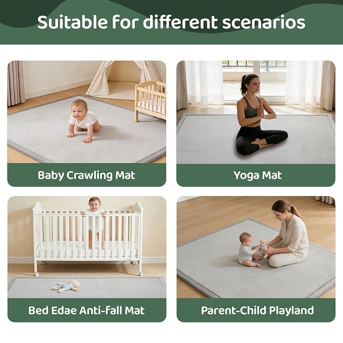 Baby Play Mat for Floor, 74'' x 50'' Thicken Foam Soft Padded Playmat for Tummy Time, Playpen Mat for Toddlers Infant Kids, Water-Repellent Coral Velvet, Non-Slip Bottom Safe for Crawling (Light Grey)