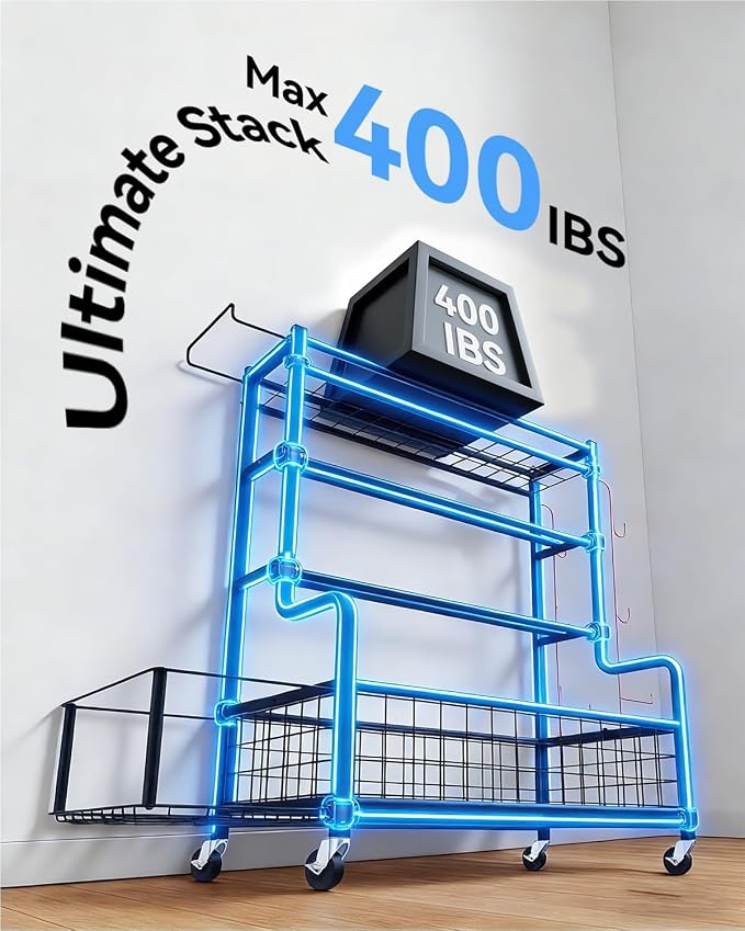 4 Tiers Large Capacity Dumbbell Rack [Thickened High-Strength Steel] Home Gym Storage for Dumbbells Kettlebells Yoga Mat and Balls, All in One Workout Storage Rack with Wheels and Hooks