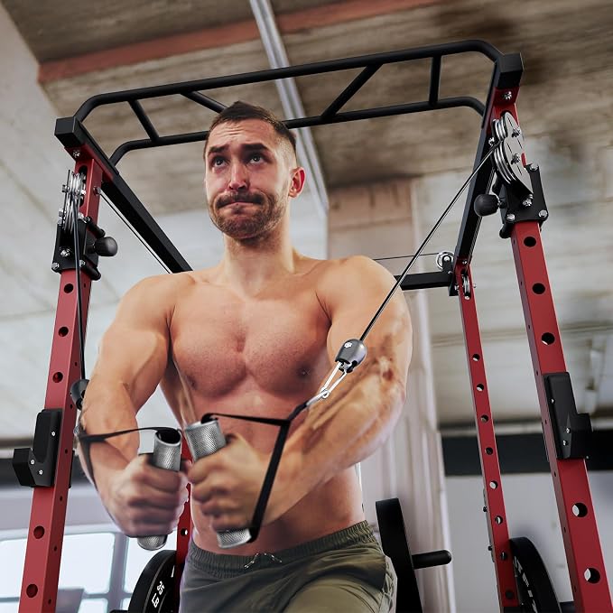 RitFit PPC-P3 Power Cage with Cable Crossover System, 1200LB Capacity | LAT Pulldown & Cable Crossover System with Bumper Plate Set, Olympic Barbell, Bench