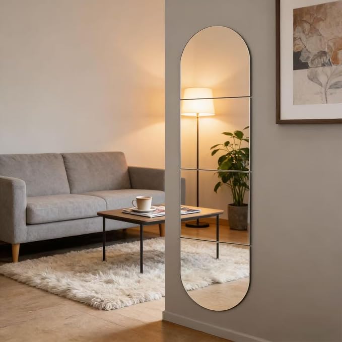 4-piece set of acrylic wall mounted mirrors, 12x12 inch self-adhesive frameless square combined with curved makeup lenses, flexible plastic lenses for bedrooms, home use, gym doors (4pcs - 12‘’×12‘’)