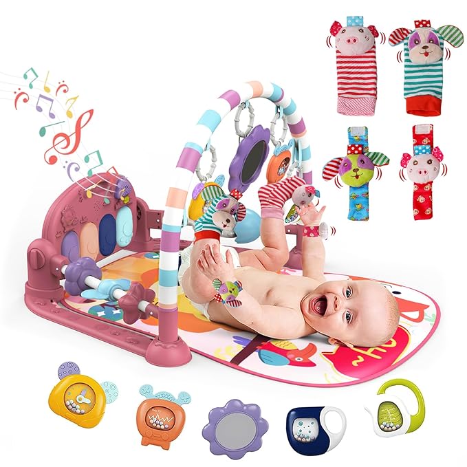 dearlomum Pink Tiger Baby Play Mat Gym with Piano & 4 Wrist Rattle Socks | Tummy Time Activity Mat with 5 Infant Sensory Toys, Music and Lights, Boy & Girl Gifts for Newborns 0 to 3 6 9 12 Months