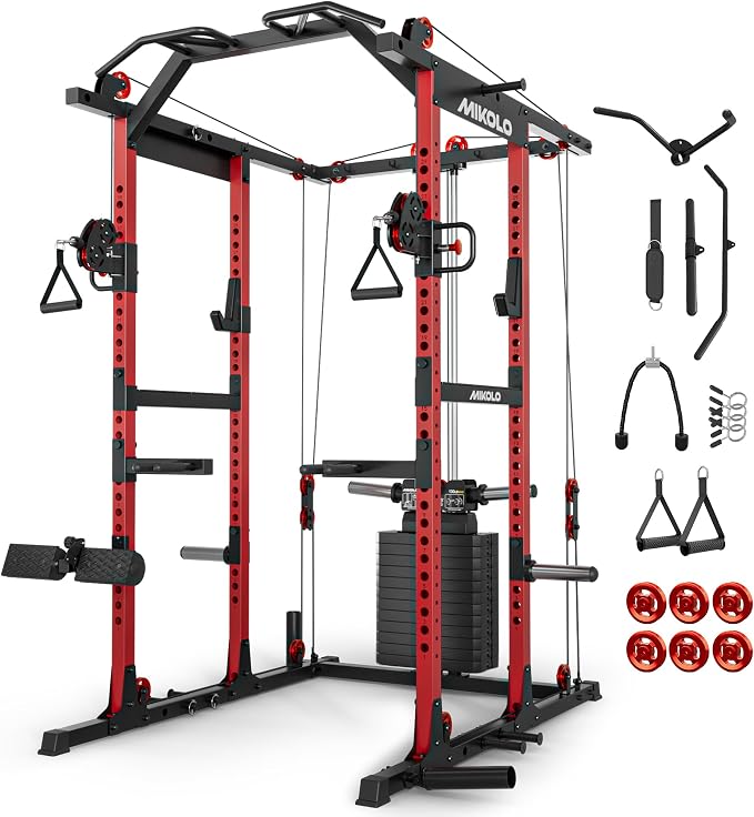 Mikolo K6 2.0 Power Cage, Power Rack with Cable Crossover System, 2000LBS Squat Rack with LAT Pull Down System, Functional Trainer with Aluminum Pulley System for Home Gym