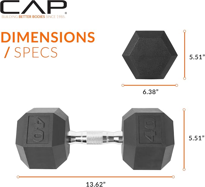 CAP Rubber Coated Dumbbell Weights, Free Weights for Home Gym Strength Training, Anti-Roll Hex Dumbbells with Black, Chrome & Comfort Grip Handles, Singles