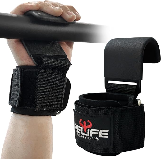 RELIFE REBUILD YOUR LIFE Lifting Hooks for Men and Women(Pair) | Pull Up Straps , Gym Reapers Lifting Wrist Grips, Heavy Powerlifting, Lifting Hooks for Weight Lifting