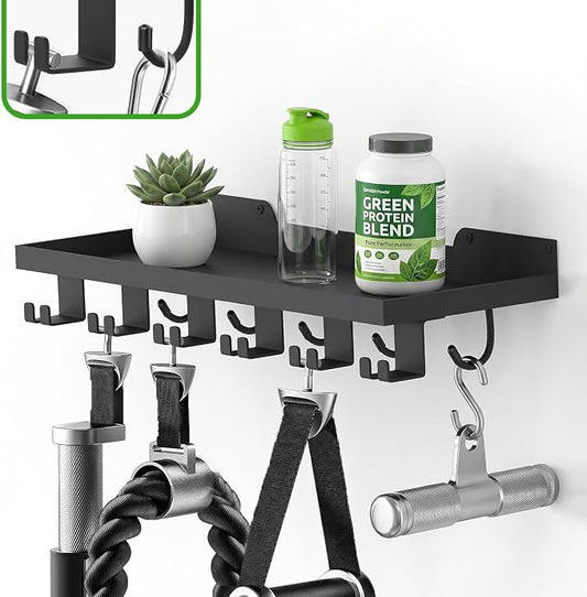 16.9x6 Inch Metal Shelf Compatible with Tonal Accessories, Floating Shelf Organizer for Home Gym Storage, 5 T-Lock Adapters Bracket Hanger, Gym Rack Wall Mounted with Hooks, Black Workout Holder