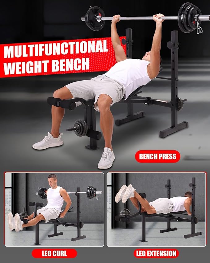 OPPSDECOR Standard Weight Bench Set with Squat Rack, 900LBS Adjustable Bench Press Set with Leg Extension and Leg Curl, Foldable Flat Incline Decline Workout Bench for Home Gym Full Body Training