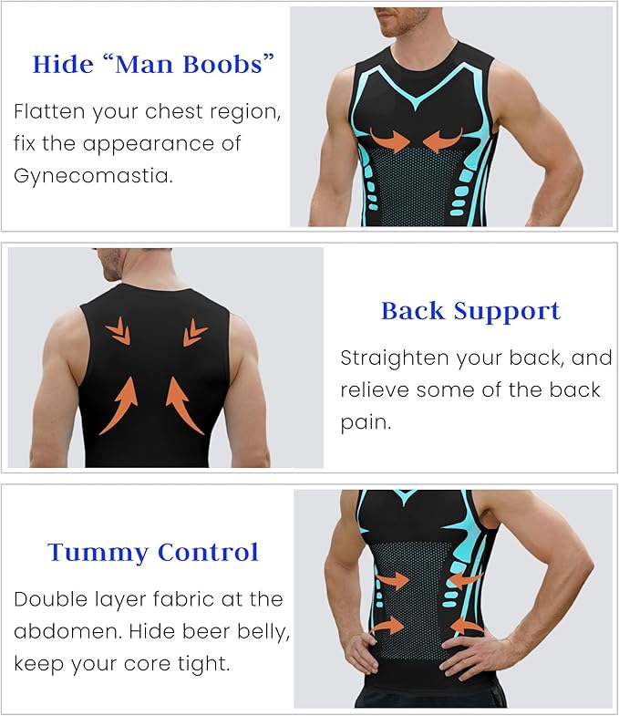 Compression Shirt Men Slimming Body Shaper Vest Crewneck Workout Tank Top | Tummy Control Undershirts, Gynecomastia Compression Shirts, Back Support, Sleeveless Muscle Shirts, Shaping Tank Top