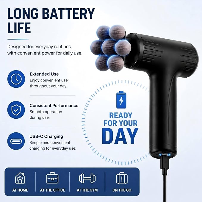 Massage Gun with Wide-Coverage Head, Comfortable Massage for Home & Travel | Lightweight Handheld Design with Wide-Coverage Massage Head, Quiet Operation, Multiple Massage Heads for Home,Gym & Travel