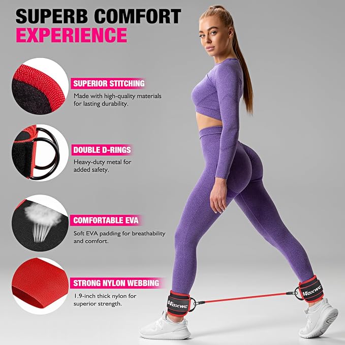 HOXWC Ankle Resistance Bands with Cuffs, Ankle Bands for Working Out, Ankle Resistance Band for Leg, Booty Workout Equipment for Kickbacks Hip Fitness Training, Exercise Bands for Butt Lift Women