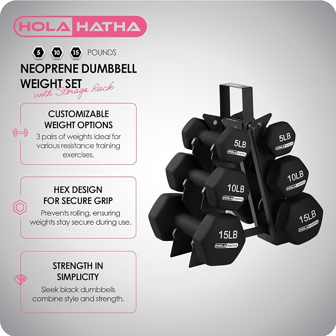 HolaHatha 1, 2 and 3 lb Neoprene Dumbbell Strength Training Weight Set with Rack