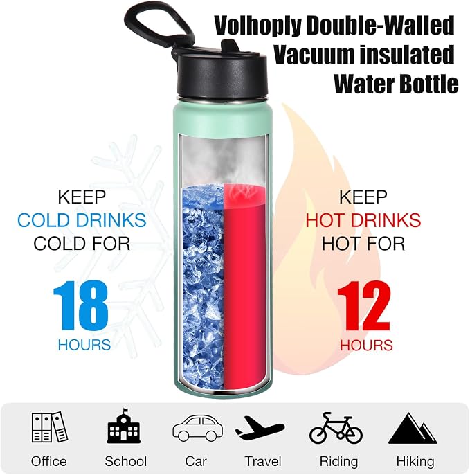 Volhoply 24 Ounce Insulated Water Bottle With Straw Lid,Stainless Steel Wide Mouth Sport Bottles With Handle,Double Wall Vacuum Cups keep Cold,Reusable Travel Thermal Cups For Holder,Gym(Mojito,1)