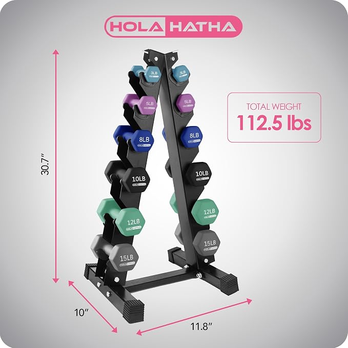 HolaHatha 1, 2 and 3 lb Neoprene Dumbbell Strength Training Weight Set with Rack