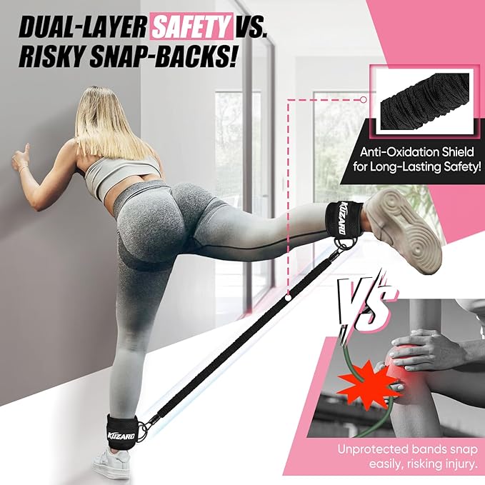 KUZARO Ankle Resistance Bands with Cuffs, Ankle Weights Bands for Working Out, Women Leg and Glutes Workout Equipment, Exercise Bands for Kickbacks, Butt and Booty Trainer, Home Gym Fitness Equipment