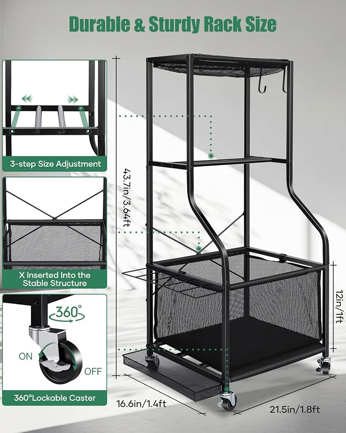 EXTCCT Sports Equipment Garage Organizer - Rolling Ball Storage with wheels, 3-Tier Sports gear Storage Rack Indoor & Outdoor Balls Cart with Hooks for Home, Garage (Black)