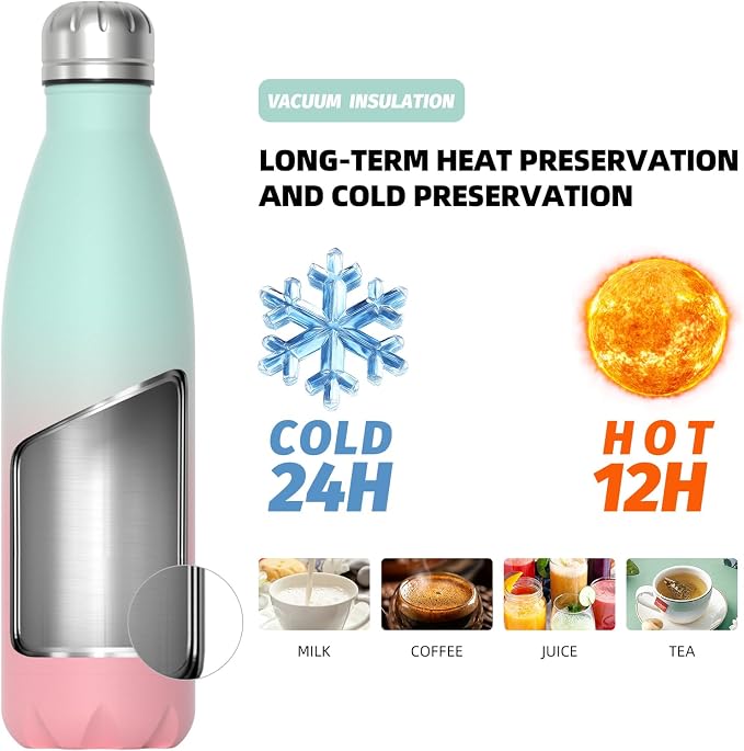 WATERSY Stainless Steel water bottles,17oz/500ml Insulated Water Bottle | Gradual Pink metal water bottle Keeps Drink Cold and Hot,BPA Free kids water bottles for School,Gym,Travel,Sports