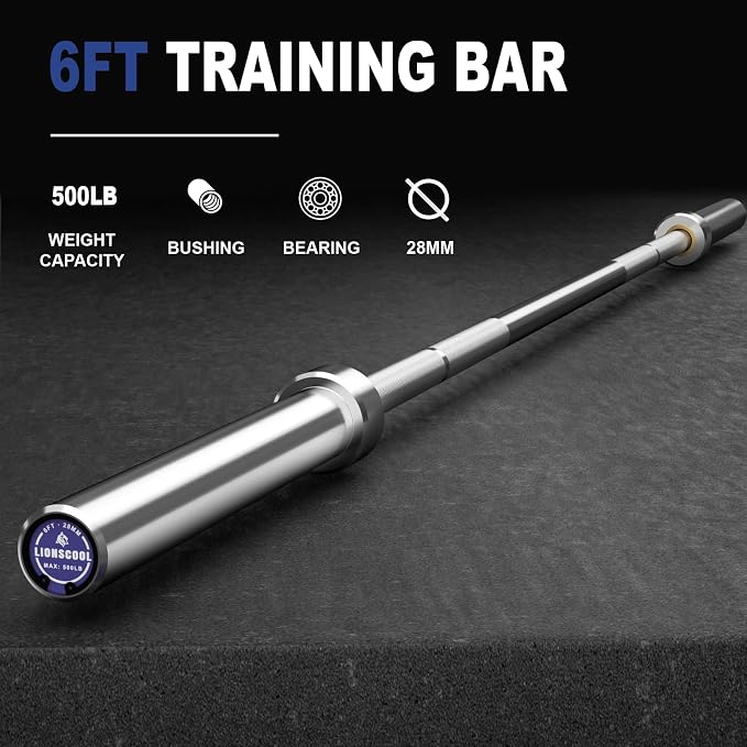 LIONSCOOL 4ft/4.9ft/6ft 2-Inch Olympic Barbell for Strength Training | Weightlifting, Squat, Curl, Deadlift, Press, Hip Thrust Straight Weight Bar, 350/500lbs Capacity, Chrome, Black, Silver, Red
