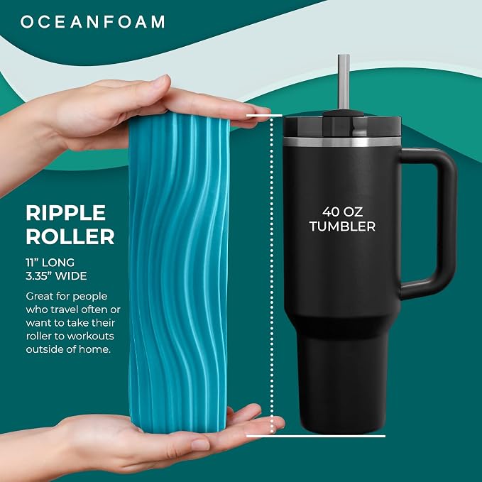 Oceanfoam Ripple Travel Foam Roller (11" x 3.35") Firm Mini Foam Roller for Physical Therapy, Deep Tissue Massage, Back Pain, High Density, Ergonomic Wave Textured, Yoga, Pilate, Exercise (Miami Blue)