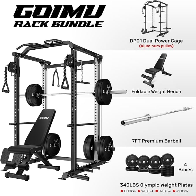 DP01 Power Cage, 2000LBS Squat Rack with Cable Crossover and Dual Independent Pulley System, Full Cage for Full Body Training, Power Rack with More Training Attachments for Home Gym