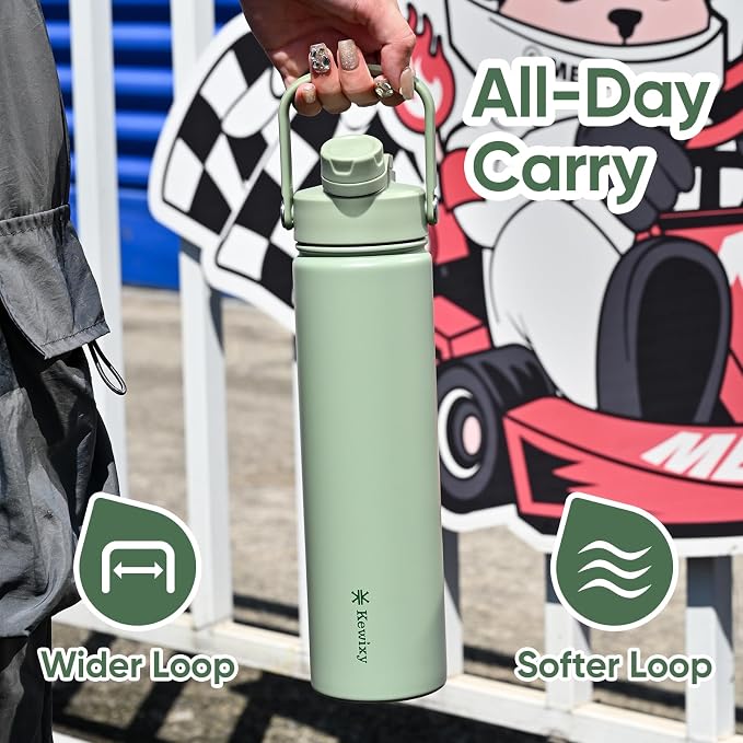 KEWIXY 24 oz Insulated Water Bottle, 2-in-1 Lid, Straw & Spout with Protected, Leak Proof, Keep Cold, Stainless Steel, Metal, Reusable, Handle, for Travel, Gym and School, 2 Lids, Sage Green